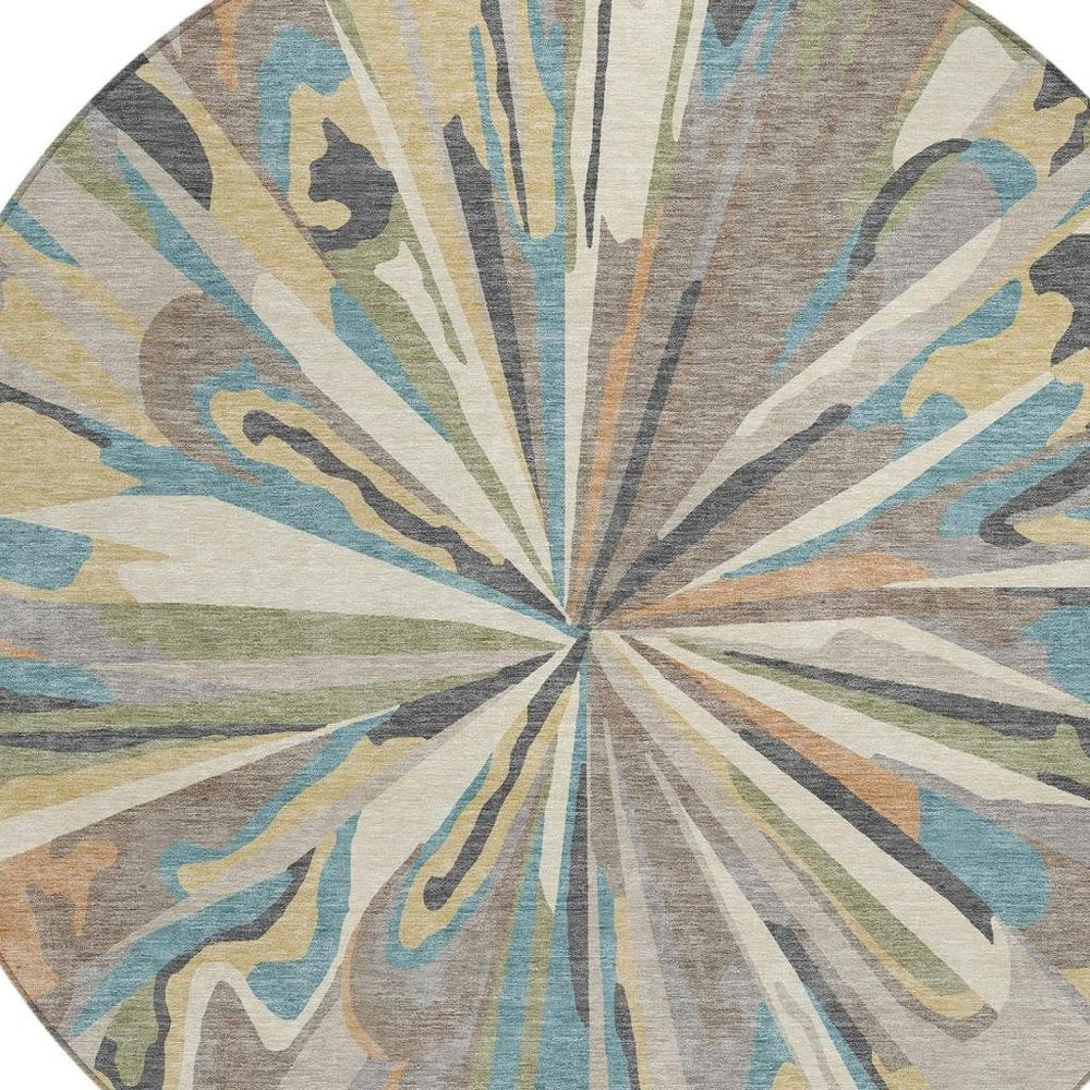 8' Beige And Brown Round Abstract Washable Indoor Outdoor Area Rug