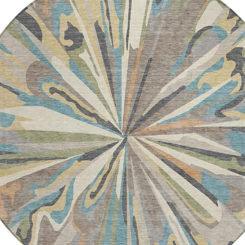 8' Beige And Brown Round Abstract Washable Indoor Outdoor Area Rug