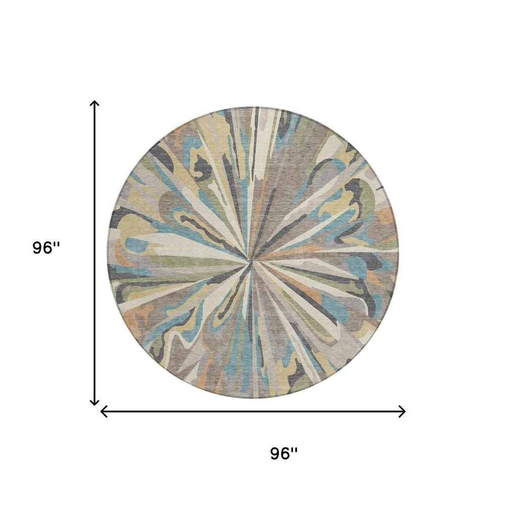 8' Beige And Brown Round Abstract Washable Indoor Outdoor Area Rug — view 10