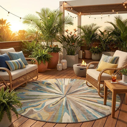 8' Beige And Brown Round Abstract Washable Indoor Outdoor Area Rug HomeRoots