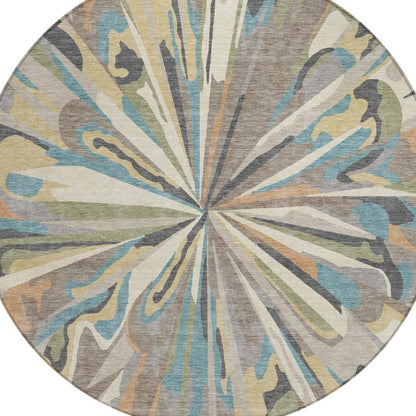 8' Beige And Brown Round Abstract Washable Indoor Outdoor Area Rug