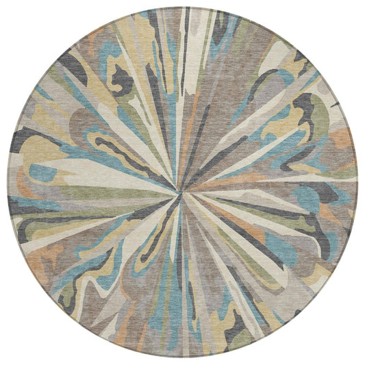 8' Beige And Brown Round Abstract Washable Indoor Outdoor Area Rug