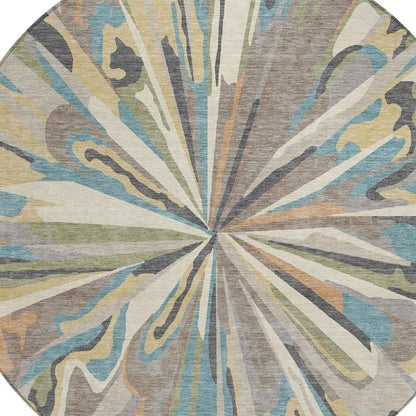 8' Beige And Brown Round Abstract Washable Indoor Outdoor Area Rug