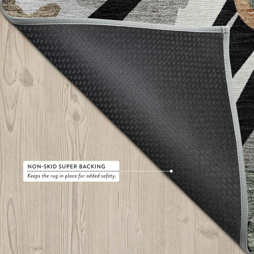 5' X 8' Black And Graphite Abstract Washable Indoor Outdoor Area Rug