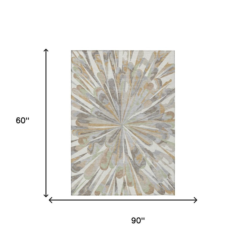 5' X 8' Ivory And Silver Abstract Washable Indoor Outdoor Area Rug HomeRoots