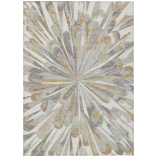5' X 8' Ivory And Silver Abstract Washable Indoor Outdoor Area Rug