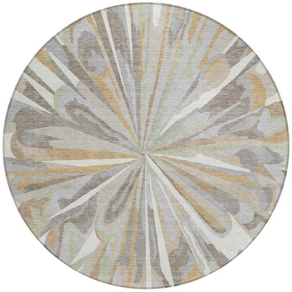 8' Ivory And Silver Round Abstract Washable Indoor Outdoor Area Rug