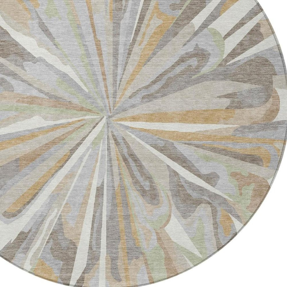 8' Ivory And Silver Round Abstract Washable Indoor Outdoor Area Rug