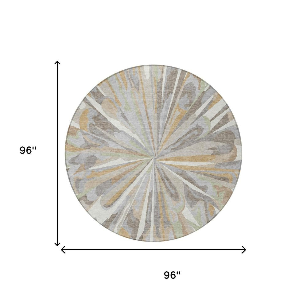 8' Ivory And Silver Round Abstract Washable Indoor Outdoor Area Rug