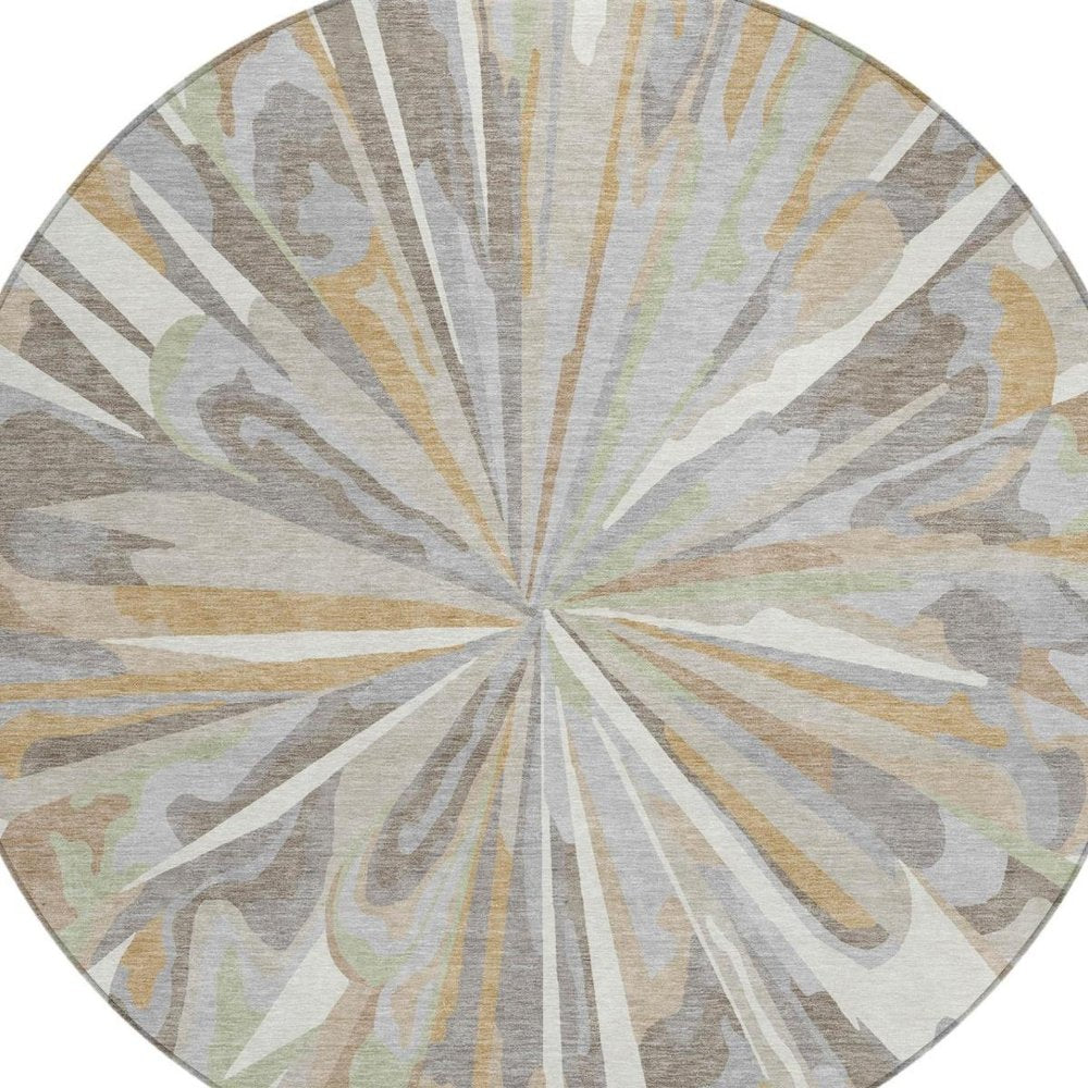 8' Ivory And Silver Round Abstract Washable Indoor Outdoor Area Rug