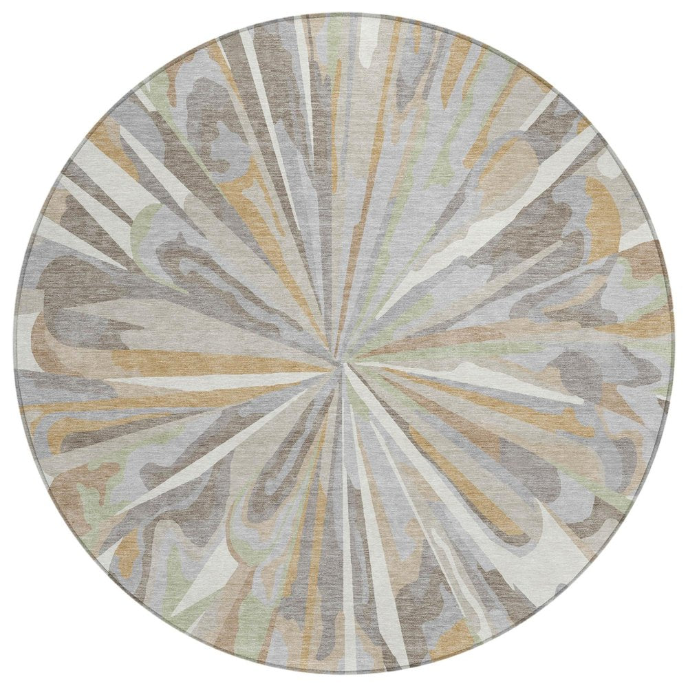 8' Ivory And Silver Round Abstract Washable Indoor Outdoor Area Rug — view 1