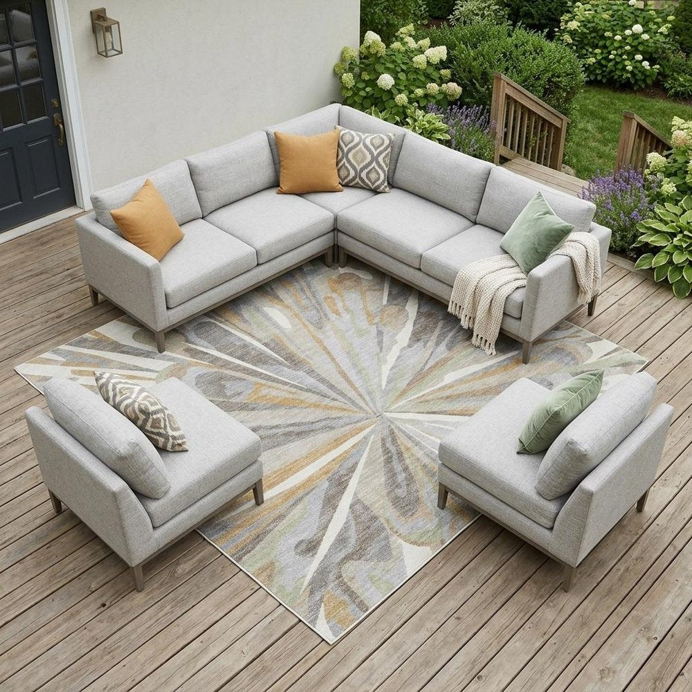9' X 12' Ivory And Silver Abstract Washable Indoor Outdoor Area Rug — view 15