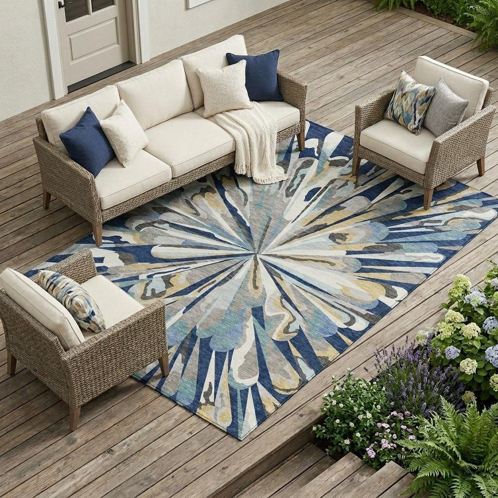 8' X 10' Navy Blue And Blue Abstract Washable Indoor Outdoor Area Rug HomeRoots