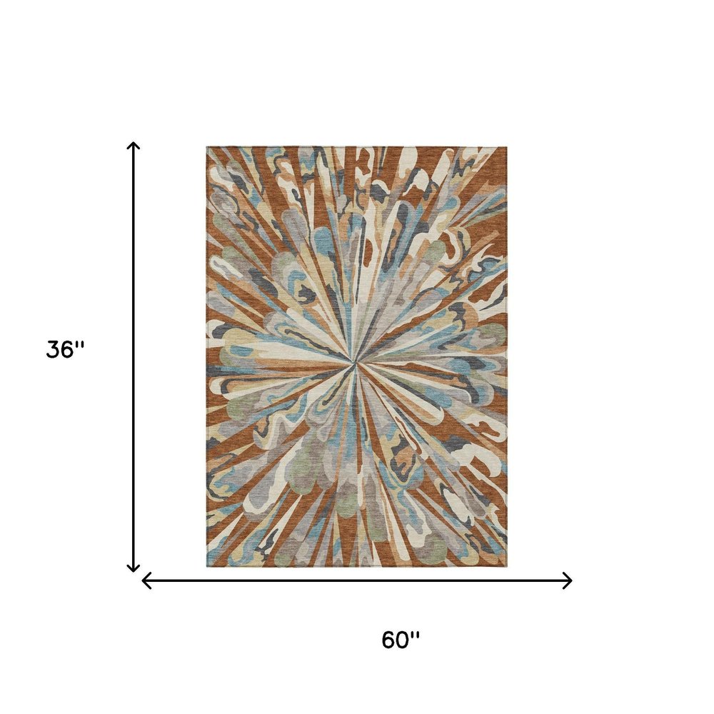 3' X 5' Orange And Teal Blue Abstract Washable Indoor Outdoor Area Rug — view 12