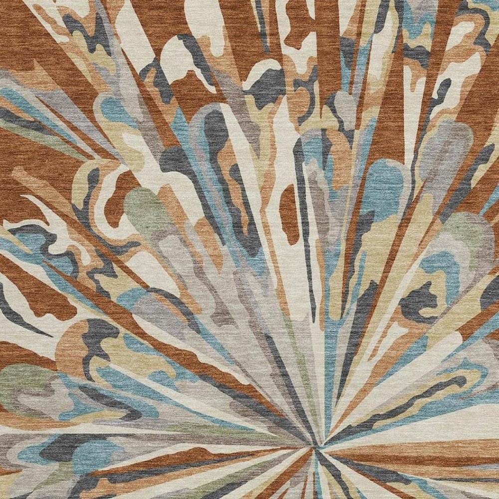 5' X 8' Orange And Teal Blue Abstract Washable Indoor Outdoor Area Rug