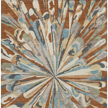 5' X 8' Orange And Teal Blue Abstract Washable Indoor Outdoor Area Rug