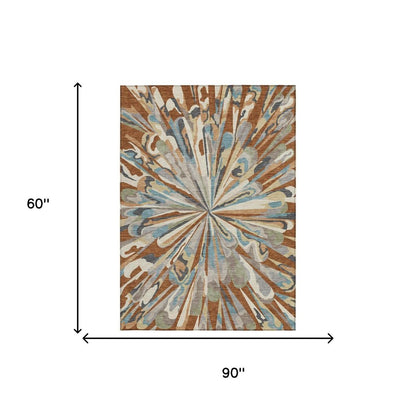 5' X 8' Orange And Teal Blue Abstract Washable Indoor Outdoor Area Rug