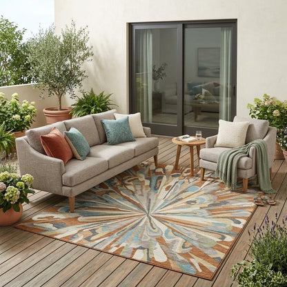 5' X 8' Orange And Teal Blue Abstract Washable Indoor Outdoor Area Rug HomeRoots