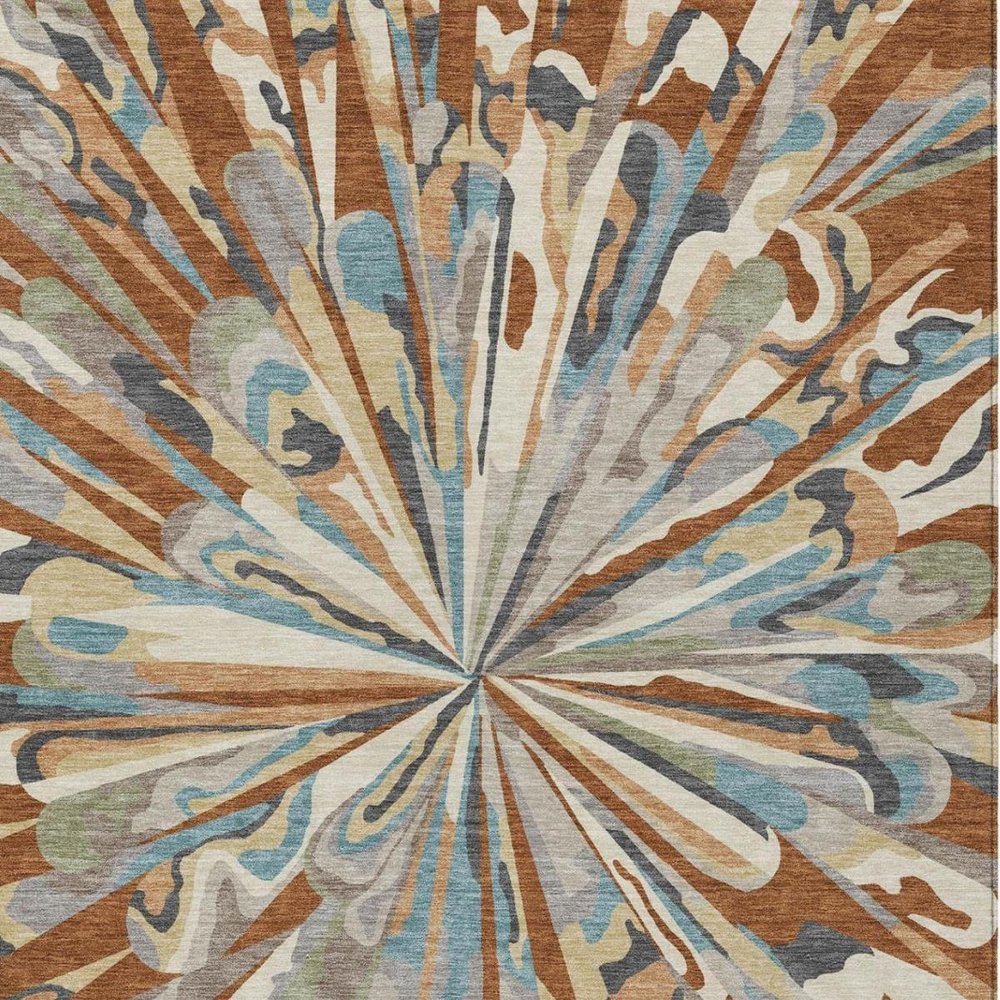 5' X 8' Orange And Teal Blue Abstract Washable Indoor Outdoor Area Rug