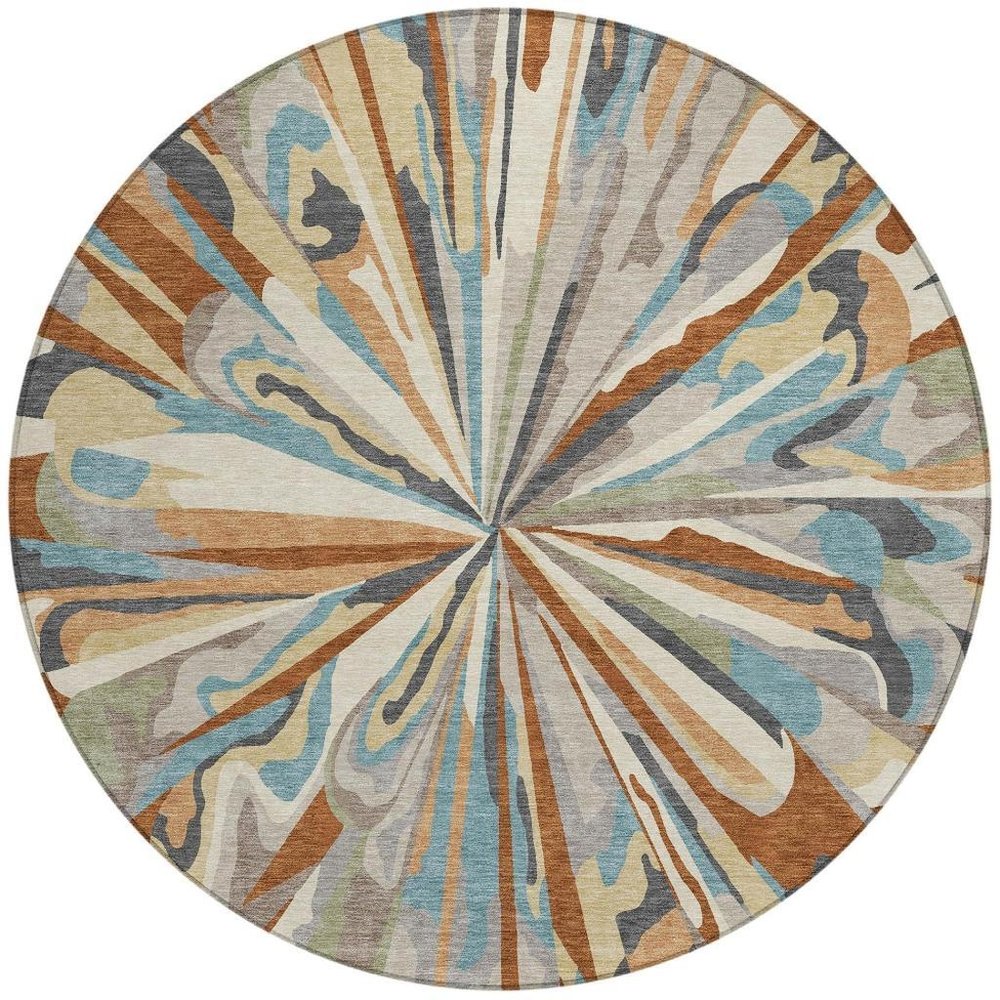 8' Orange And Teal Blue Round Abstract Washable Indoor Outdoor Area Rug — view 5