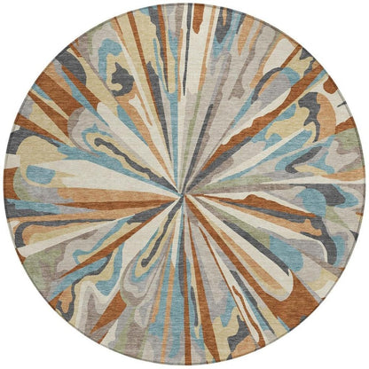 8' Orange And Teal Blue Round Abstract Washable Indoor Outdoor Area Rug HomeRoots