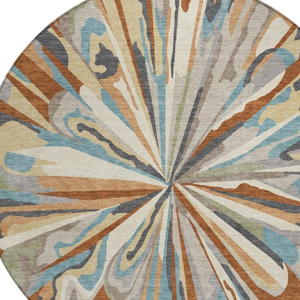 8' Orange And Teal Blue Round Abstract Washable Indoor Outdoor Area Rug — view 6