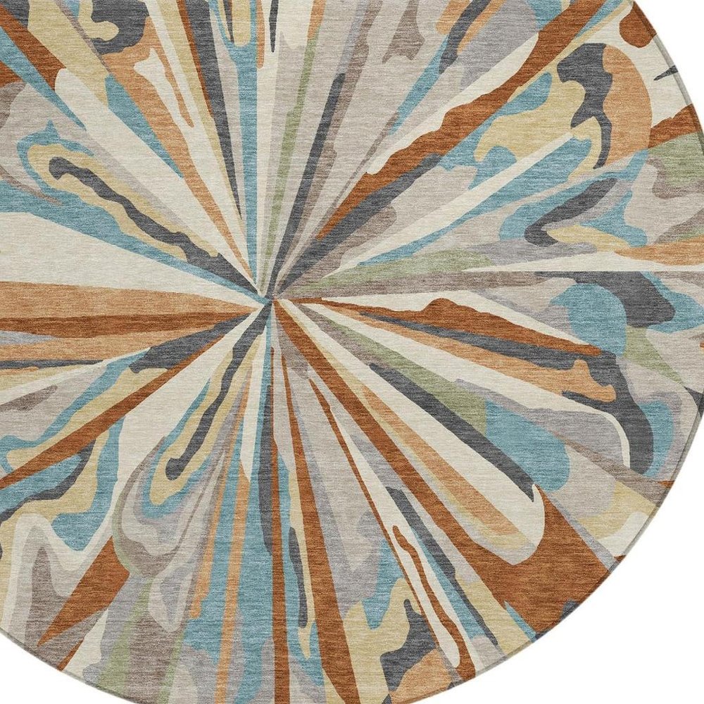 8' Orange And Teal Blue Round Abstract Washable Indoor Outdoor Area Rug — view 7