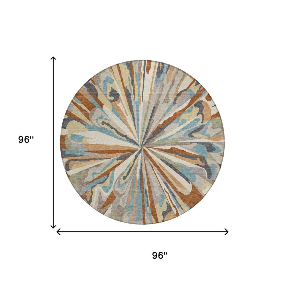 8' Orange And Teal Blue Round Abstract Washable Indoor Outdoor Area Rug — view 9
