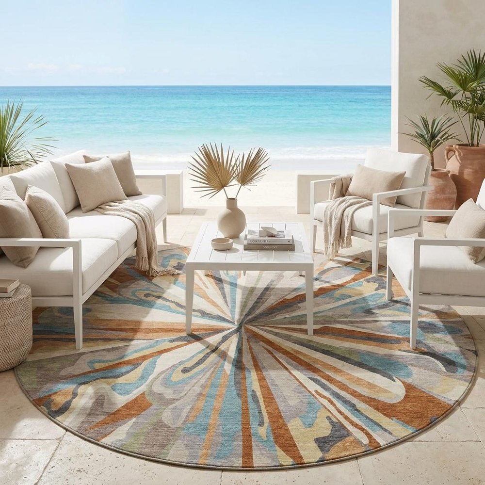 8' Orange And Teal Blue Round Abstract Washable Indoor Outdoor Area Rug — view 10