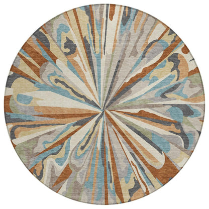 8' Orange And Teal Blue Round Abstract Washable Indoor Outdoor Area Rug HomeRoots