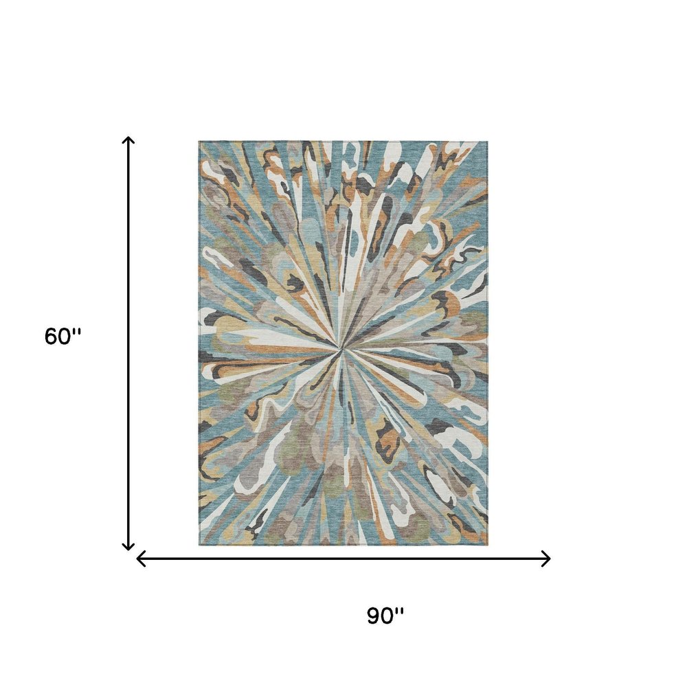 5' X 8' Teal Blue And Beige Abstract Washable Indoor Outdoor Area Rug — view 14