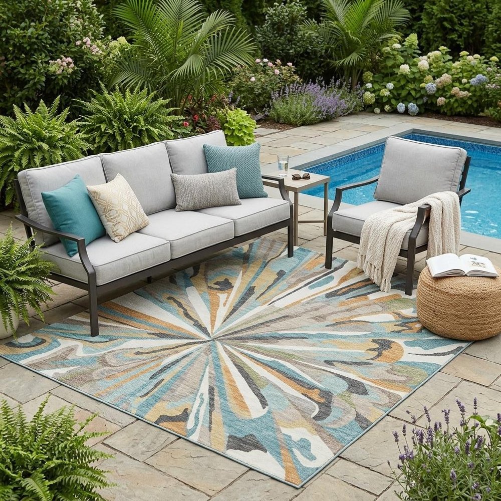 5' X 8' Teal Blue And Beige Abstract Washable Indoor Outdoor Area Rug HomeRoots