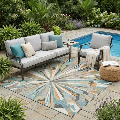 5' X 8' Teal Blue And Beige Abstract Washable Indoor Outdoor Area Rug HomeRoots