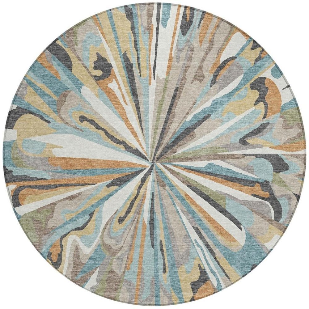 8' Teal Blue And Beige Round Abstract Washable Indoor Outdoor Area Rug — view 6