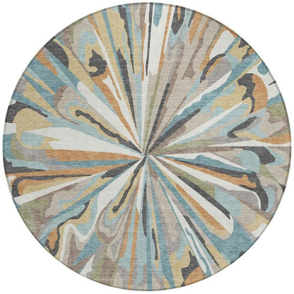 8' Teal Blue And Beige Round Abstract Washable Indoor Outdoor Area Rug HomeRoots