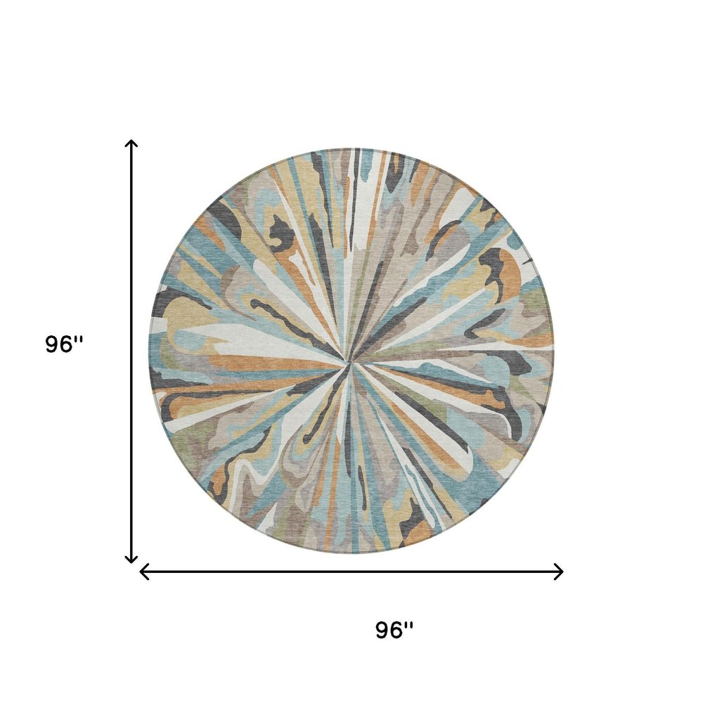 8' Teal Blue And Beige Round Abstract Washable Indoor Outdoor Area Rug — view 7