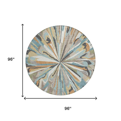 8' Teal Blue And Beige Round Abstract Washable Indoor Outdoor Area Rug HomeRoots