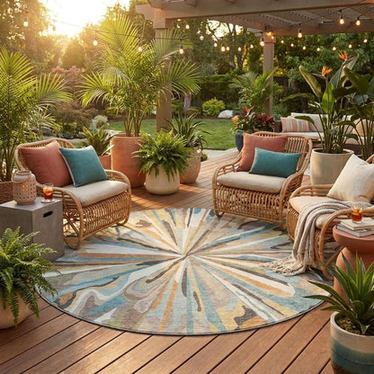 8' Teal Blue And Beige Round Abstract Washable Indoor Outdoor Area Rug HomeRoots