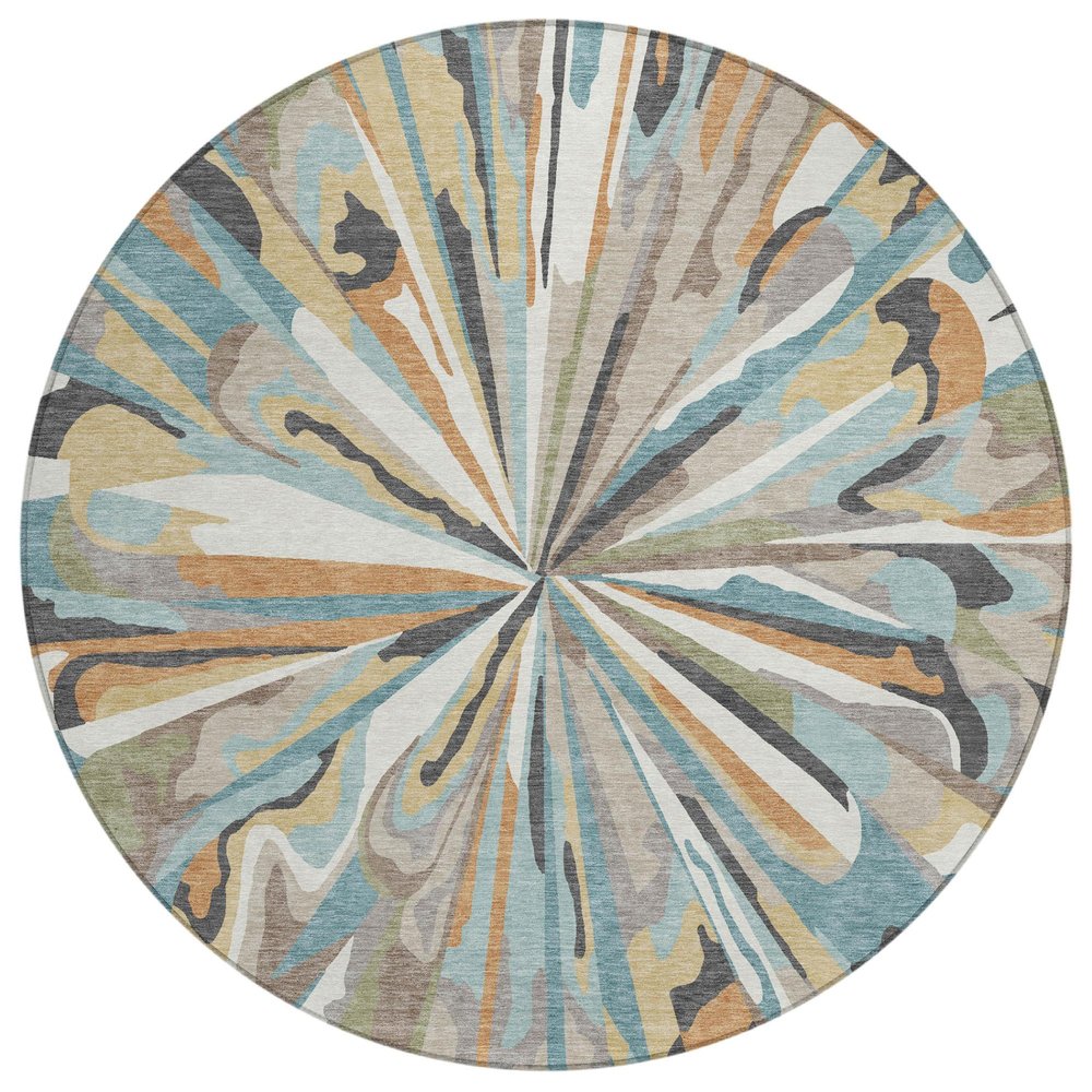 8' Teal Blue And Beige Round Abstract Washable Indoor Outdoor Area Rug — view 1