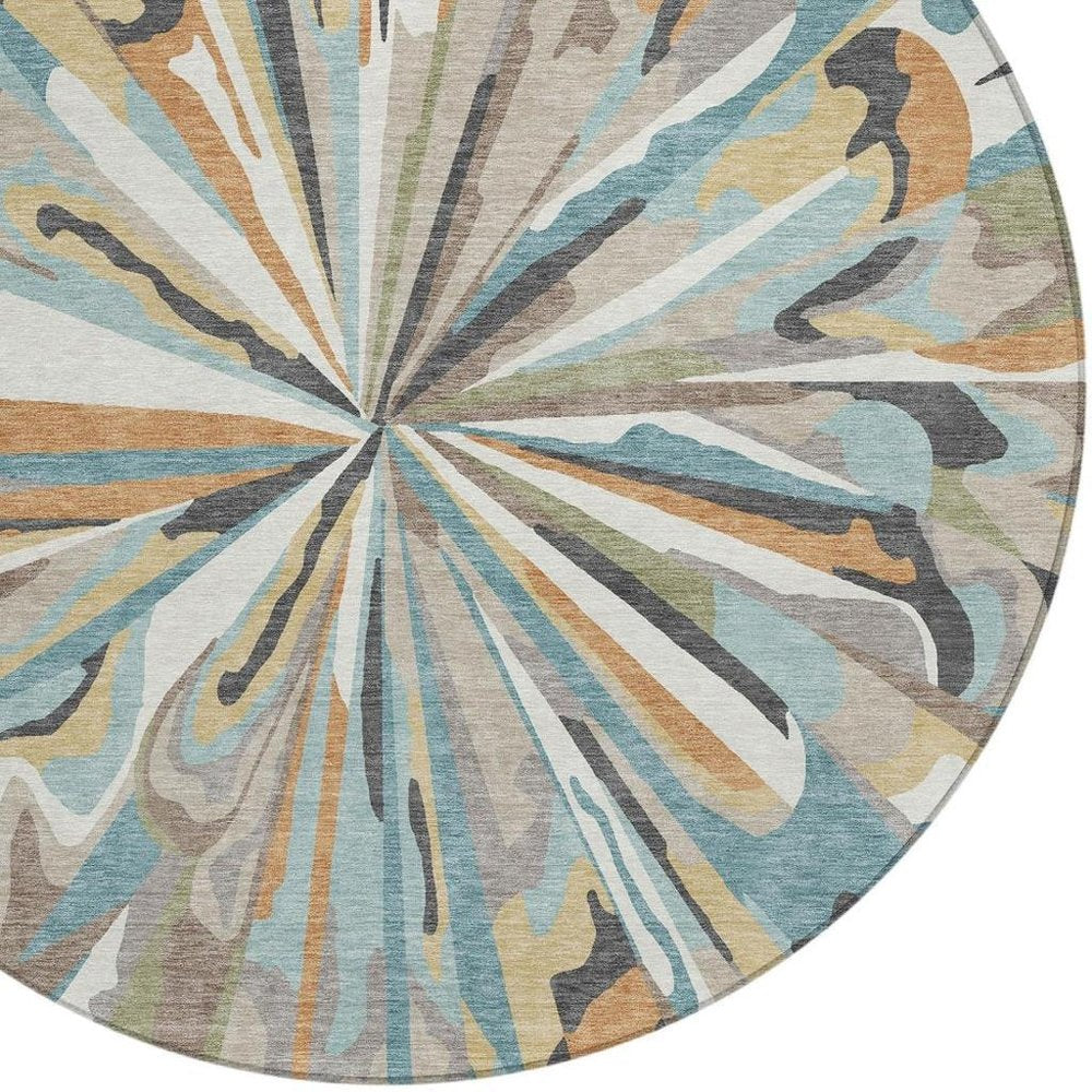 8' Teal Blue And Beige Round Abstract Washable Indoor Outdoor Area Rug — view 4