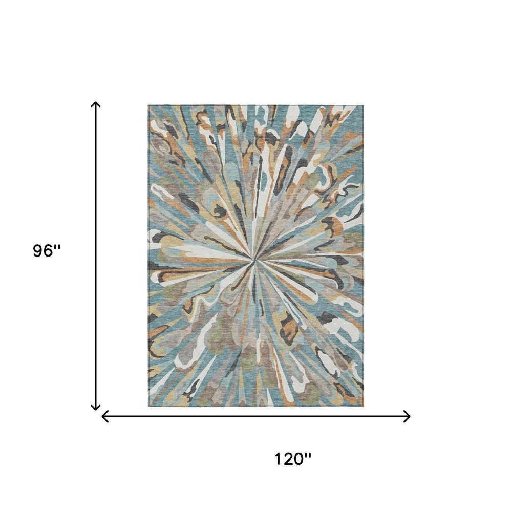 8' X 10' Teal Blue And Beige Abstract Washable Indoor Outdoor Area Rug — view 11