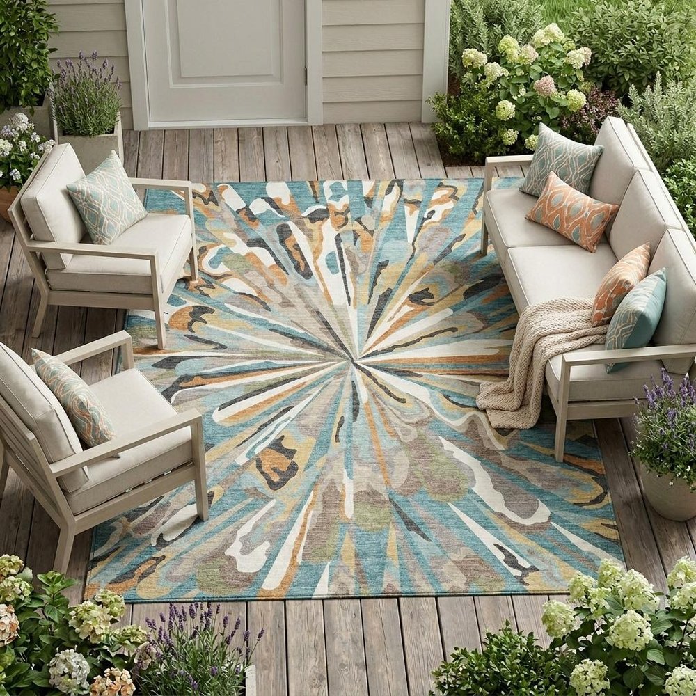 8' X 10' Teal Blue And Beige Abstract Washable Indoor Outdoor Area Rug HomeRoots