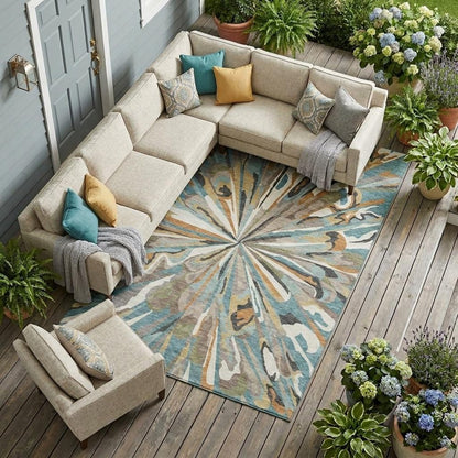 9' X 12' Teal Blue And Beige Abstract Washable Indoor Outdoor Area Rug HomeRoots