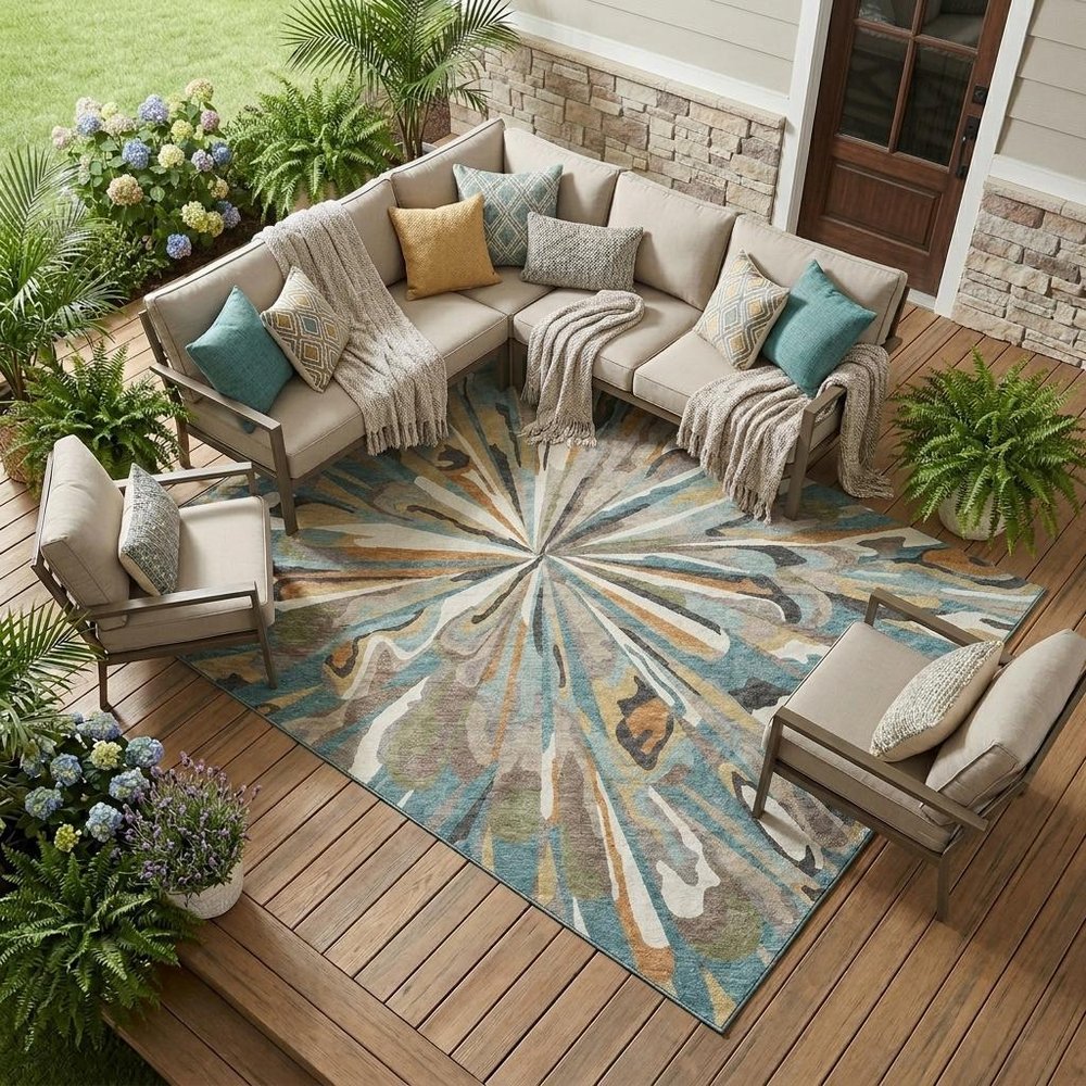 10' X 14' Teal Blue And Beige Abstract Washable Indoor Outdoor Area Rug