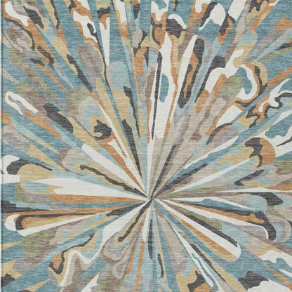 10' X 14' Teal Blue And Beige Abstract Washable Indoor Outdoor Area Rug