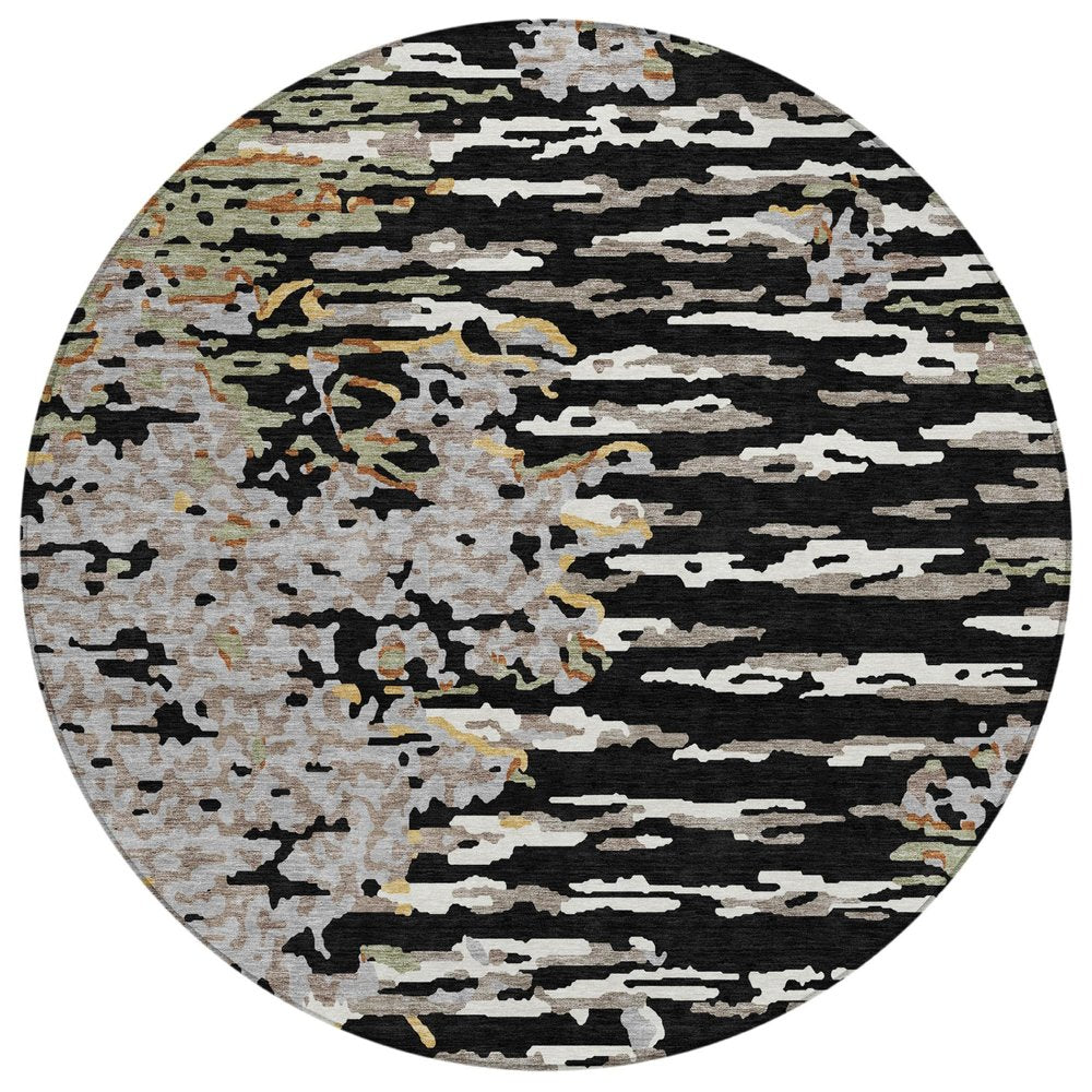 8' Black And Graphite Round Abstract Washable Indoor Outdoor Area Rug — view 1