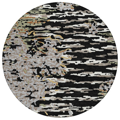 8' Black And Graphite Round Abstract Washable Indoor Outdoor Area Rug HomeRoots