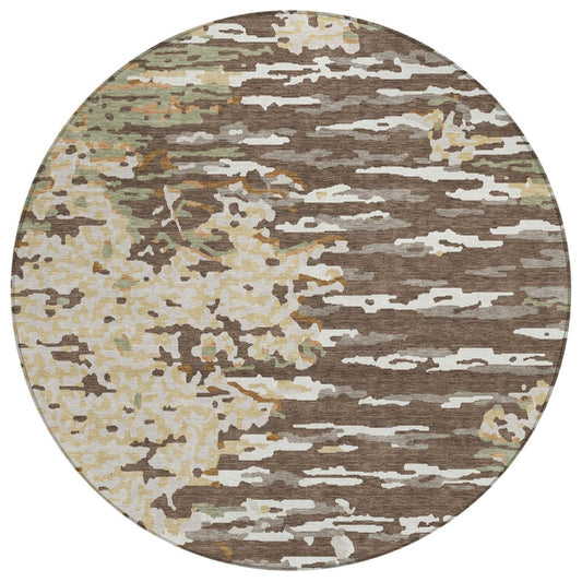 8' Coffee And Brown Round Abstract Washable Indoor Outdoor Area Rug