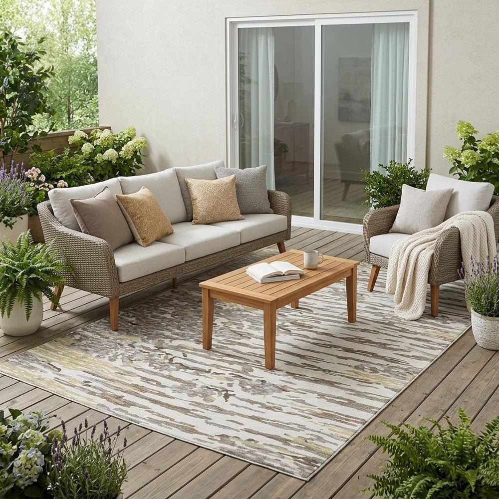 5' X 8' Ivory And Silver Abstract Washable Indoor Outdoor Area Rug — view 5