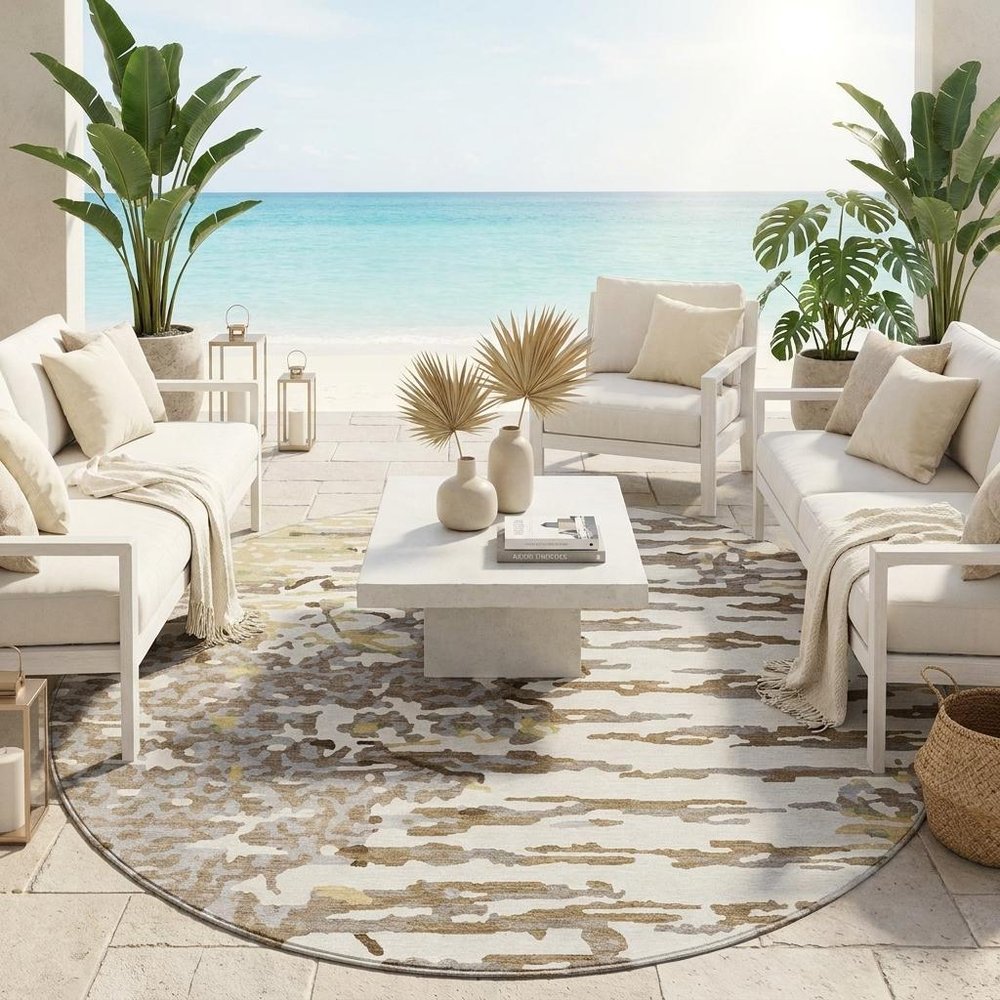 8' Ivory And Silver Round Abstract Washable Indoor Outdoor Area Rug HomeRoots